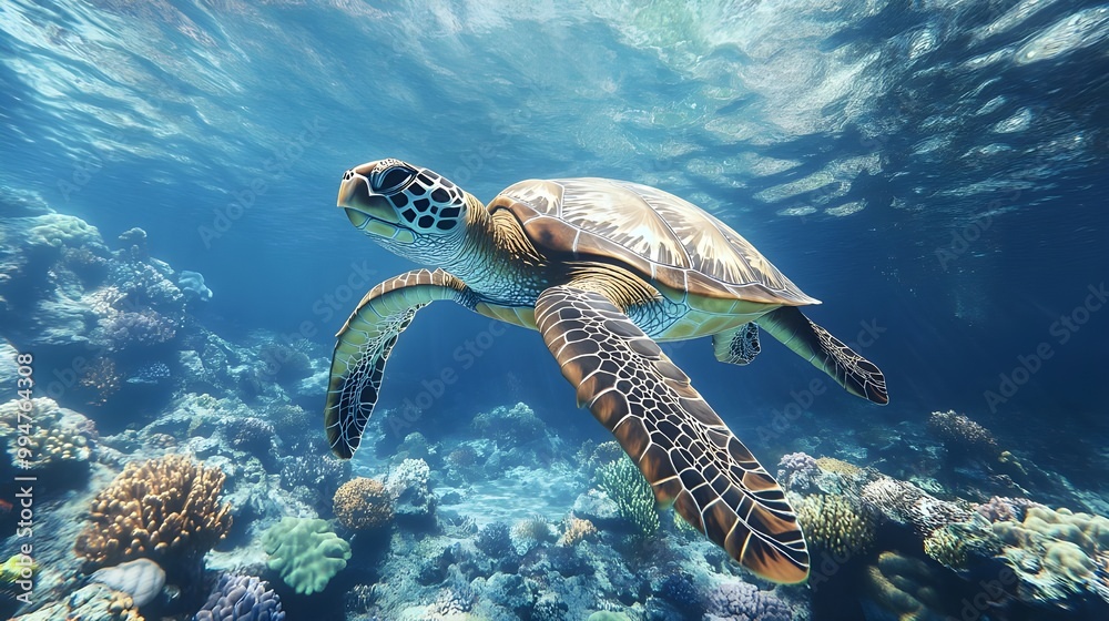 Obraz premium Sea turtles peacefully gliding above coral reefs in a tranquil ocean