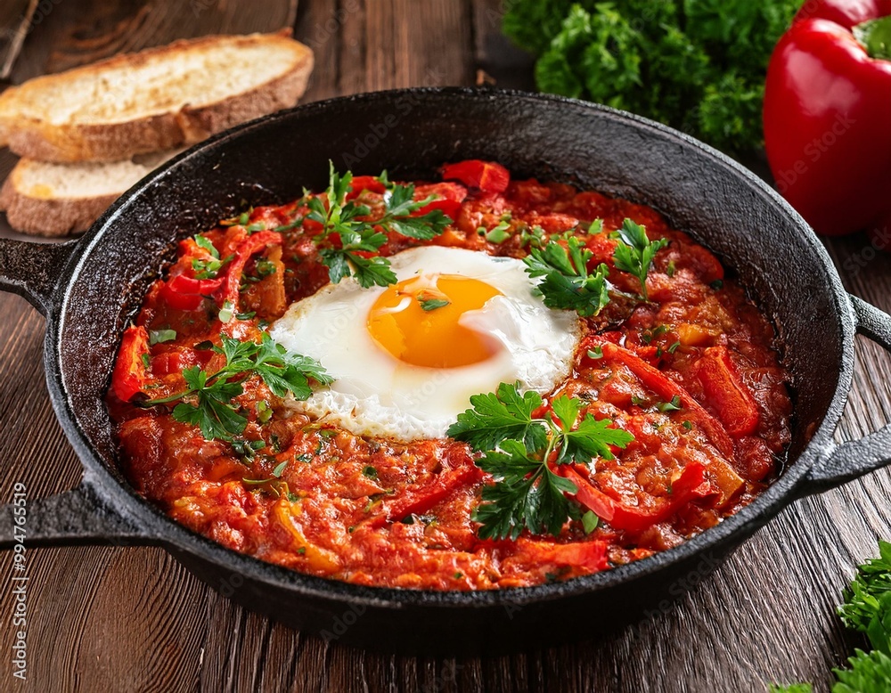 A skillet of shakshuka with a fried egg, red peppers and parsley.