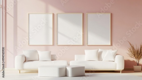 Minimalist Living Room with White Sofa and Empty Frames