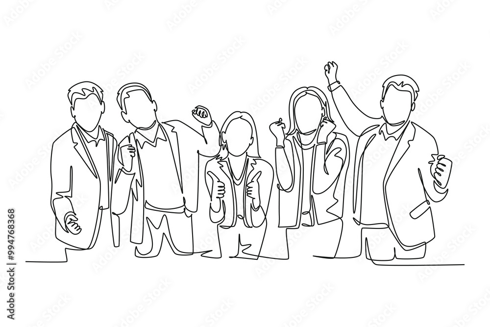 Continuous one line drawing of young happy male and female worker raise hands together celebrate funding investment. Business teamwork celebration. Single line draw design vector graphic illustration Continuous one line drawing of young happy male and female worker raise hands together celebrate funding investment. Business teamwork celebration. Single line draw design vector graphic illustration