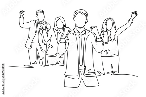 Continuous one line drawing young happy company founder and team celebrate with joy at the investor office together. Business teamwork celebration. Single line draw design vector graphic illustration