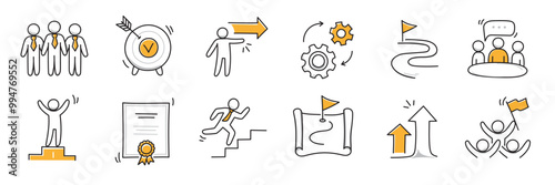 Doodle career icon set. Success winner, business goal, challenge hand drawn sketch line pen stroke style icon. Professional business career, goal sketch doodle drawn collection. Vector illustration