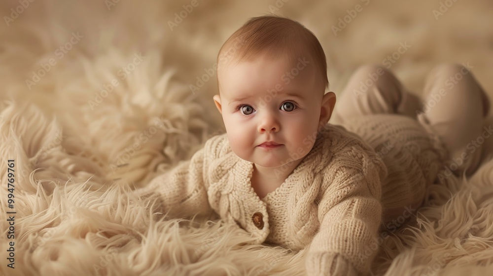 Infant in a soft cashmere cardigan and pants, lying on a faux fur rug in a warm studio light Infant in a soft cashmere cardigan and pants, lying on a faux fur rug in a warm studio light