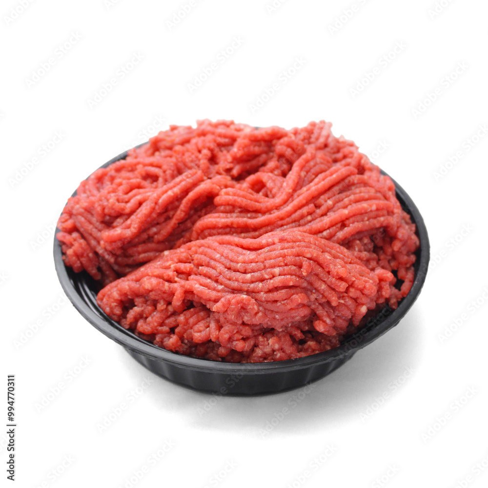 Top View of Fresh Raw Minced Beef in Black Bowl Isolated on White Background Top View of Fresh Raw Minced Beef in Black Bowl Isolated on White Background