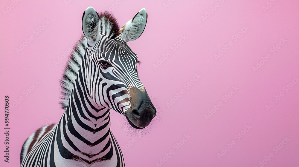 A zebra is standing in front of a pink background