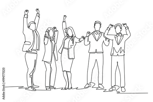 Single one line drawing group young happy male and female workers raising hands together in office room. Business teamwork celebration concept. Continuous line draw design graphic vector illustration