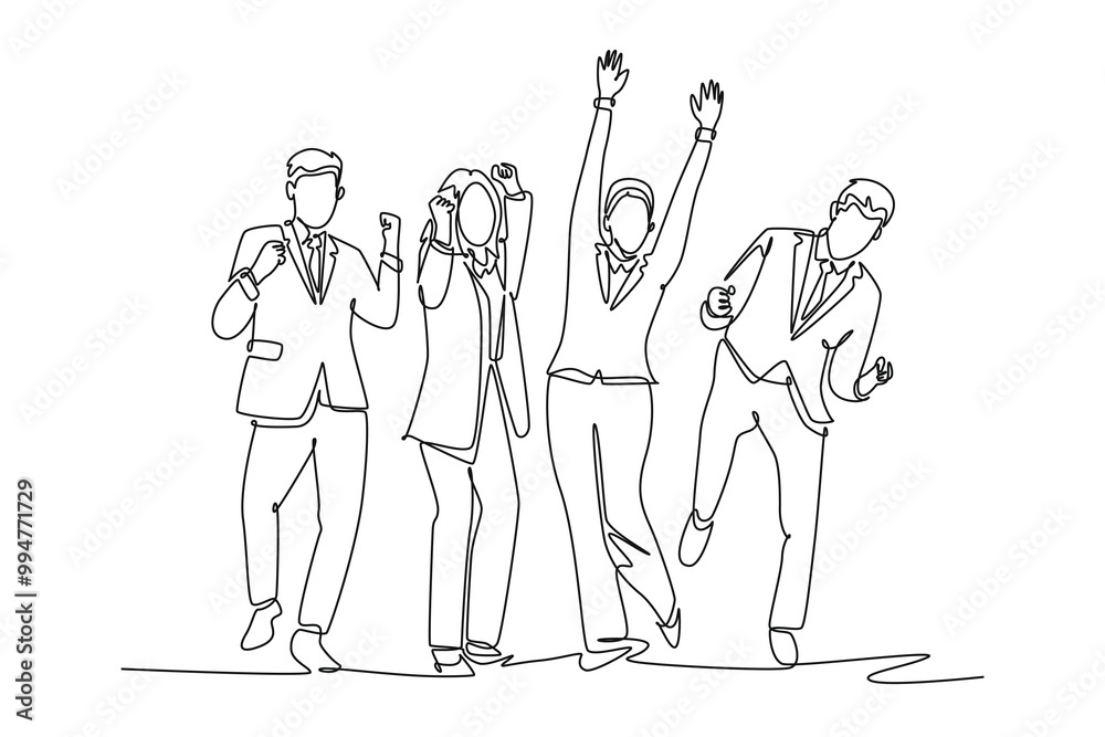 Single one line drawing young happy male and female worker raise their hands on the office room together. Business teamwork celebration concept. Continuous line draw design graphic vector illustration Single one line drawing young happy male and female worker raise their hands on the office room together. Business teamwork celebration concept. Continuous line draw design graphic vector illustration