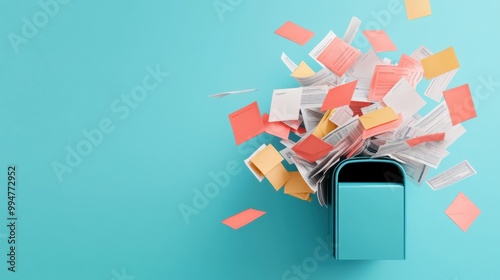 A chaotic pile of bills, envelopes, and financial statements spilling out of a mailbox.