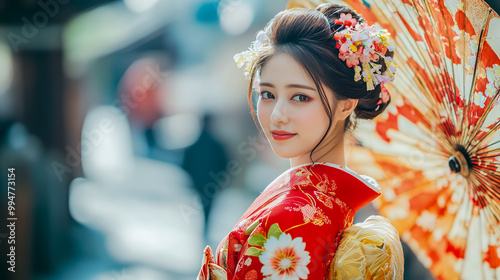 Wallpaper Mural 番傘を背景に赤い着物の若い日本人女性 Torontodigital.ca