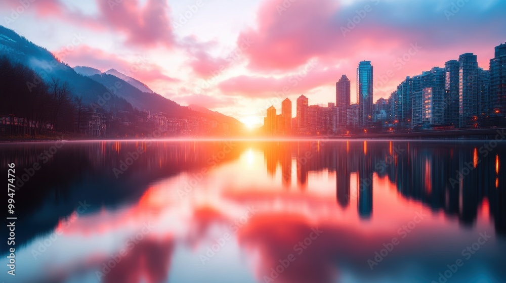 Fototapeta premium The vibrant colors of a sunrise illuminate a historic city skyline, showcasing the beauty of both nature and architecture.