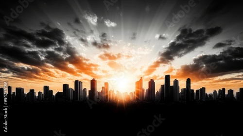 A dramatic black and white image of a city skyline against a vibrant sunrise, highlighting the contrast between light and dark.