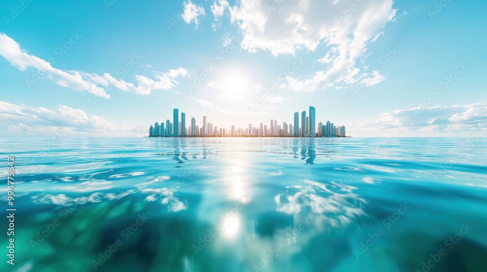 Fototapeta premium A panoramic image capturing the entire coastline of a city, with the skyline stretching along the horizon and reflecting in the ocean.