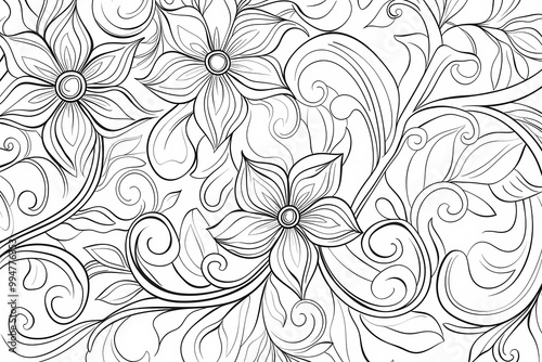 Intricate black and white floral pattern featuring elegant flowers and swirling vines, perfect for coloring or design projects.