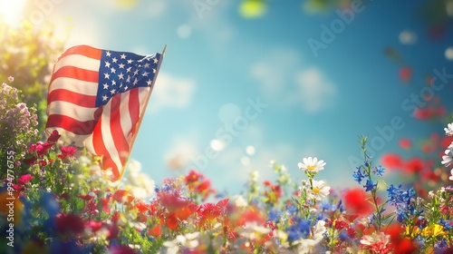 American Flag in a Field of Flowers