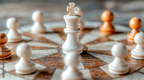 A wooden chess board with a white king and other pieces