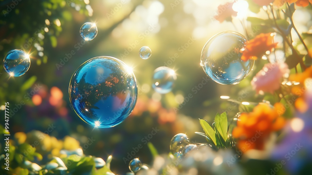 Blue soap bubbles float in sunlight, reflecting colors above a vibrant garden, creating a tranquil scene. Blue soap bubbles float in sunlight, reflecting colors above a vibrant garden, creating a tranquil scene.