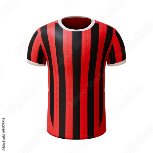 3D football jersey. Sport t-shirt with O neck with red black stripe design to represent milan football. Concept for soccer team uniform or football apparel mock up.
