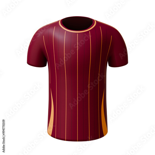 3D football jersey. Sport t-shirt with O neck with maroon orange stripe design to represent roma football. Concept for soccer team uniform or football apparel mock up.