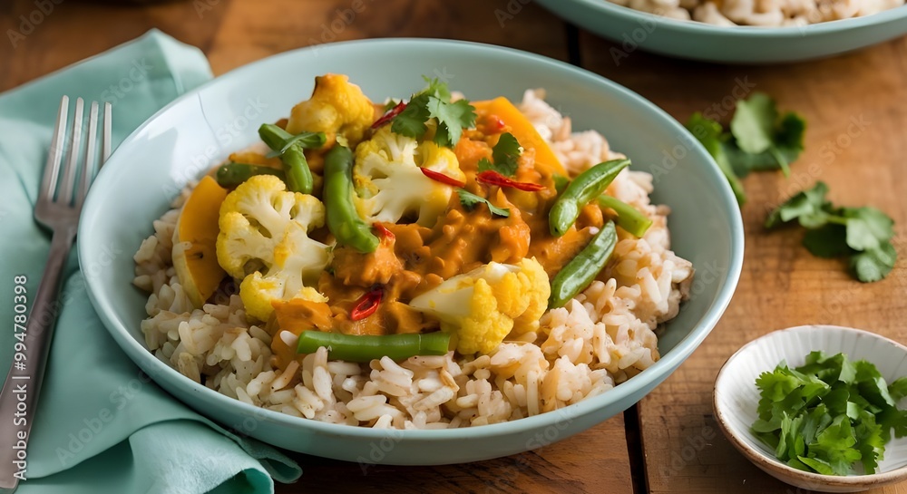 Bowl of colorful vibrant vegetable stir fry featuring cauliflower green beans and yellow bell peppers beautifully arranged on a bed of fluffy brown rice Bowl of colorful vibrant vegetable stir fry featuring cauliflower green beans and yellow bell peppers beautifully arranged on a bed of fluffy brown rice