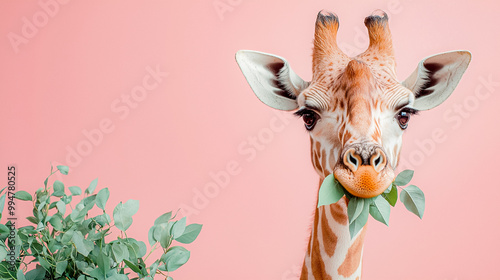 A giraffe is eating leaves from a plant