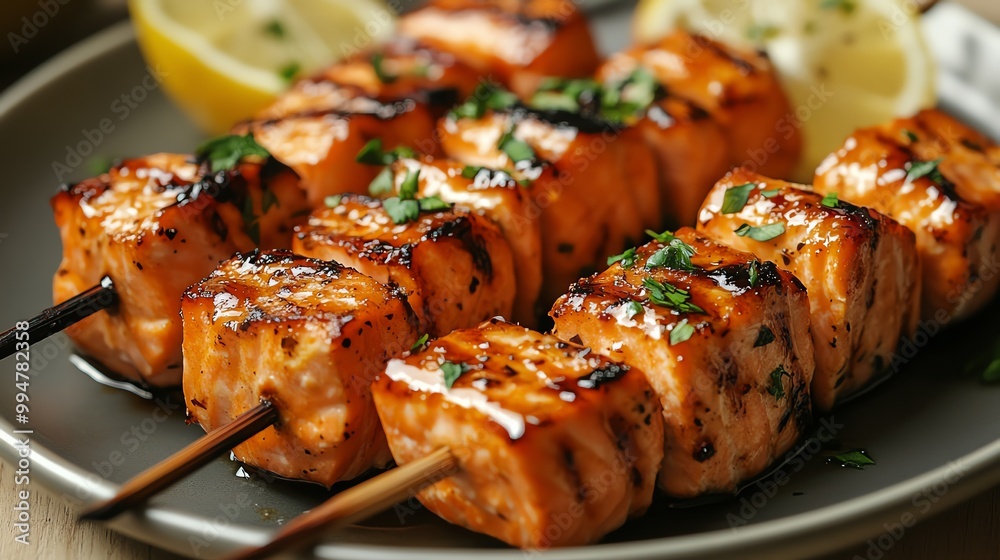 A plate of grilled salmon skewers with a citrus glaze, served with lemon wedges, grilled salmon skewers, seafood barbecue A plate of grilled salmon skewers with a citrus glaze, served with lemon wedges, grilled salmon skewers, seafood barbecue