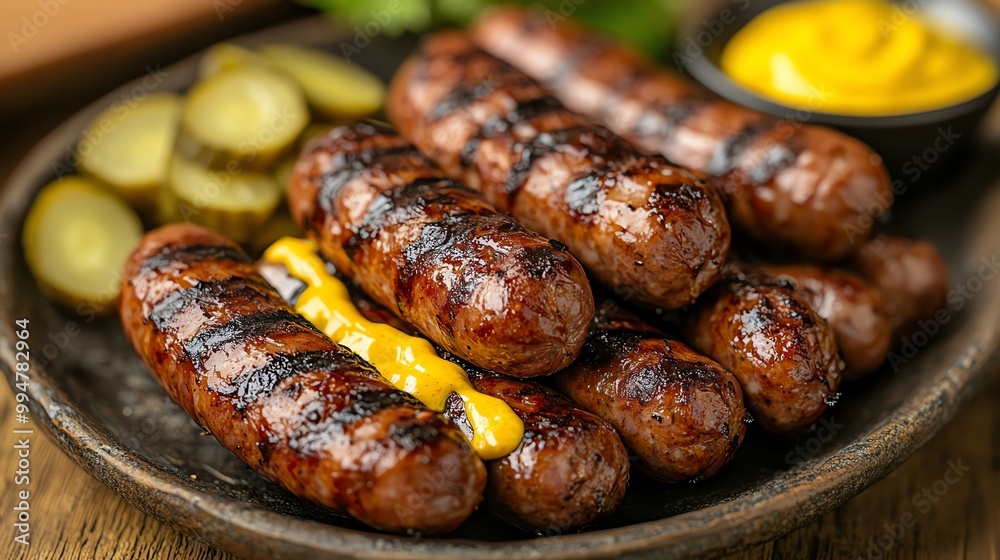 A vibrant platter of grilled sausages with mustard and pickles on the side, grilled sausages, pub food