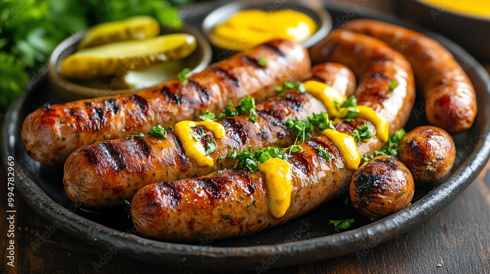 A vibrant platter of grilled sausages with mustard and pickles on the side, grilled sausages, pub food A vibrant platter of grilled sausages with mustard and pickles on the side, grilled sausages, pub food