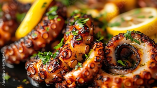 Closeup of grilled octopus tentacles garnished with lemon and herbs, grilled octopus, seafood appetizer photo