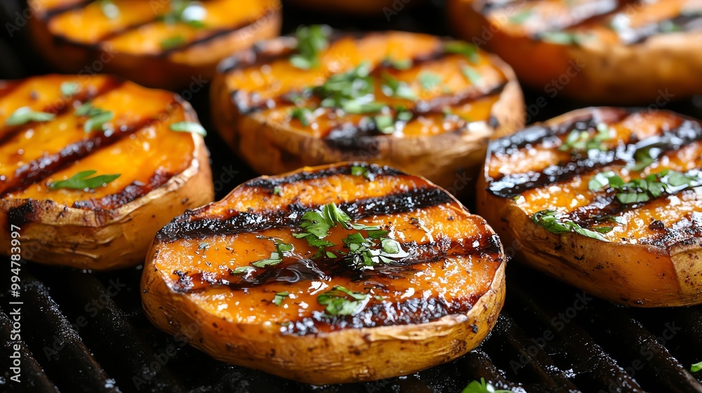 Grilled sweet potatoes served with a honey drizzle and chopped herbs, grilled sweet potatoes, barbecue side dish Grilled sweet potatoes served with a honey drizzle and chopped herbs, grilled sweet potatoes, barbecue side dish
