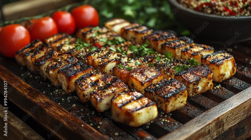 Grilled vegetables and halloumi cheese served with quinoa and a lemon dressing, grilled veggie and halloumi salad, healthy barbecue Grilled vegetables and halloumi cheese served with quinoa and a lemon dressing, grilled veggie and halloumi salad, healthy barbecue