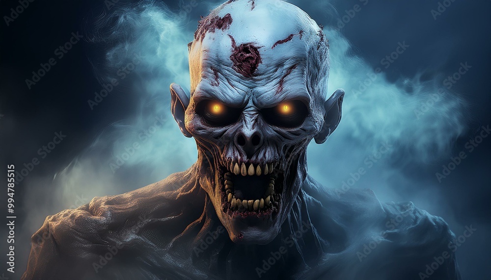 Scary Halloween Evil Zombie Character Against a Dark Foggy Background Scary Halloween Evil Zombie Character Against a Dark Foggy Background