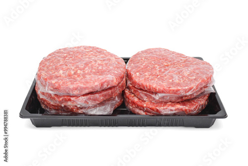 Raw Beef Burger Patties in Packaging Isolated on White Background