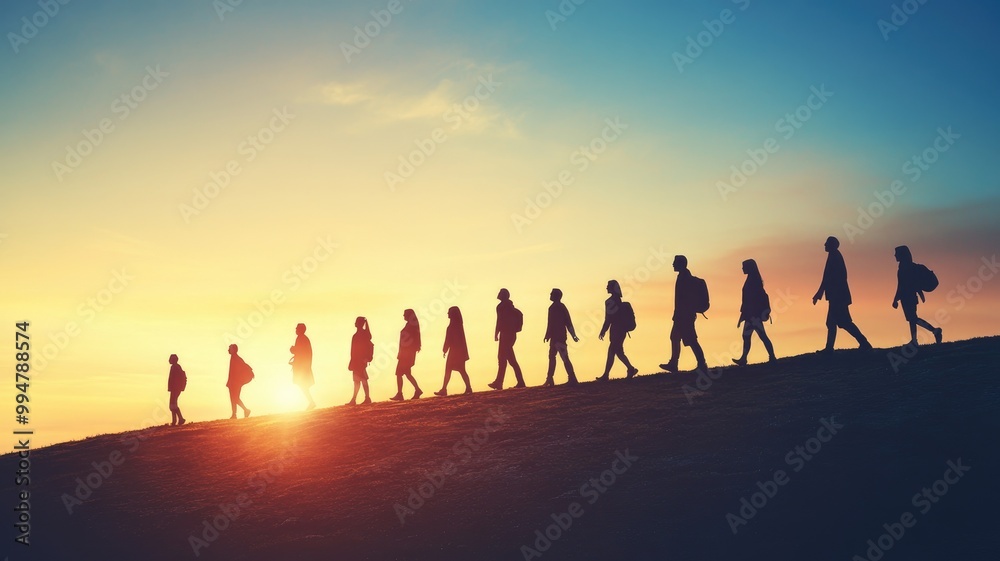 Fototapeta premium Silhouettes of people walking on hill at sunset