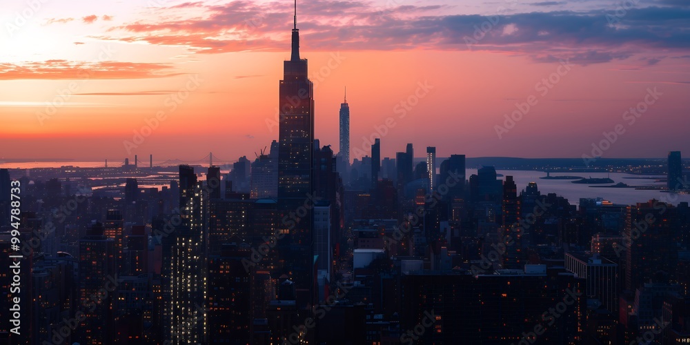 Obraz premium A stunning view of the city skyline as the sun sets, casting a warm glow over the towering buildings.