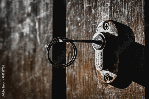 The key hanging on the wooden door