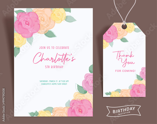 Birthday flower invitation card vector template design. Girl birthday invitation and thank you card with water color flowers decoration. Vector illustration greeting card template.    
