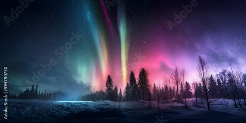 Wallpaper Mural Vibrant green and pink aurora borealis light up the night sky above a snow-covered forest. Torontodigital.ca