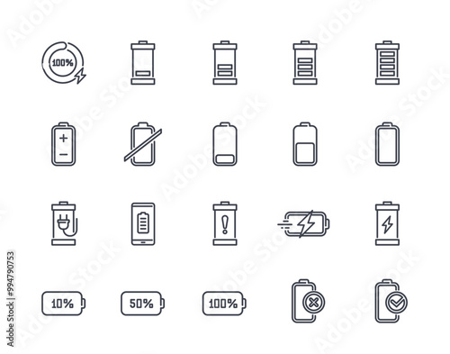 Battery line icons set. Simple symbols with battery energy level, full or low charge indicator and fast charging. Editable stroke. Outline vector illustration collection isolated on white background