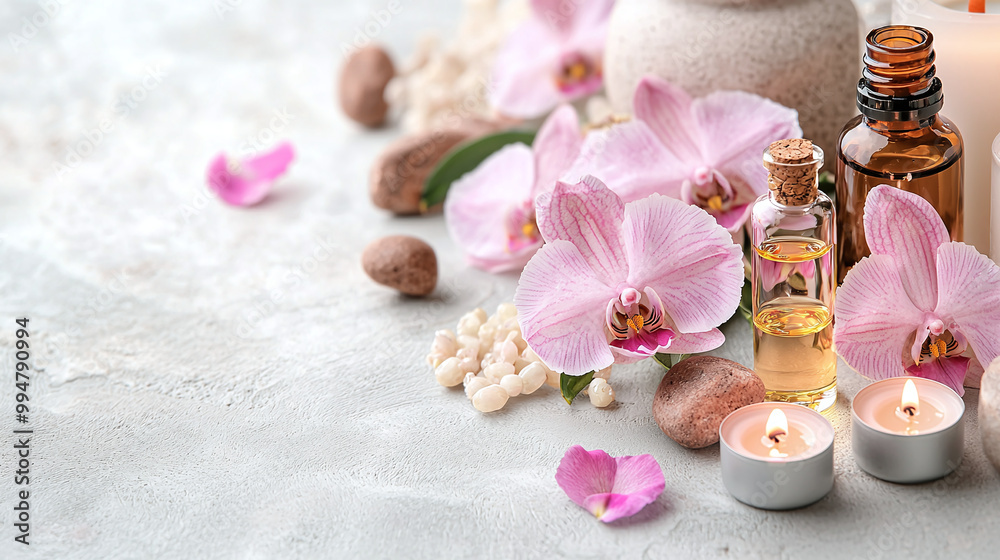 a tranquil aromatherapy setup featuring essential oils, flowers, and soft candles arranged harmoniously a tranquil aromatherapy setup featuring essential oils, flowers, and soft candles arranged harmoniously