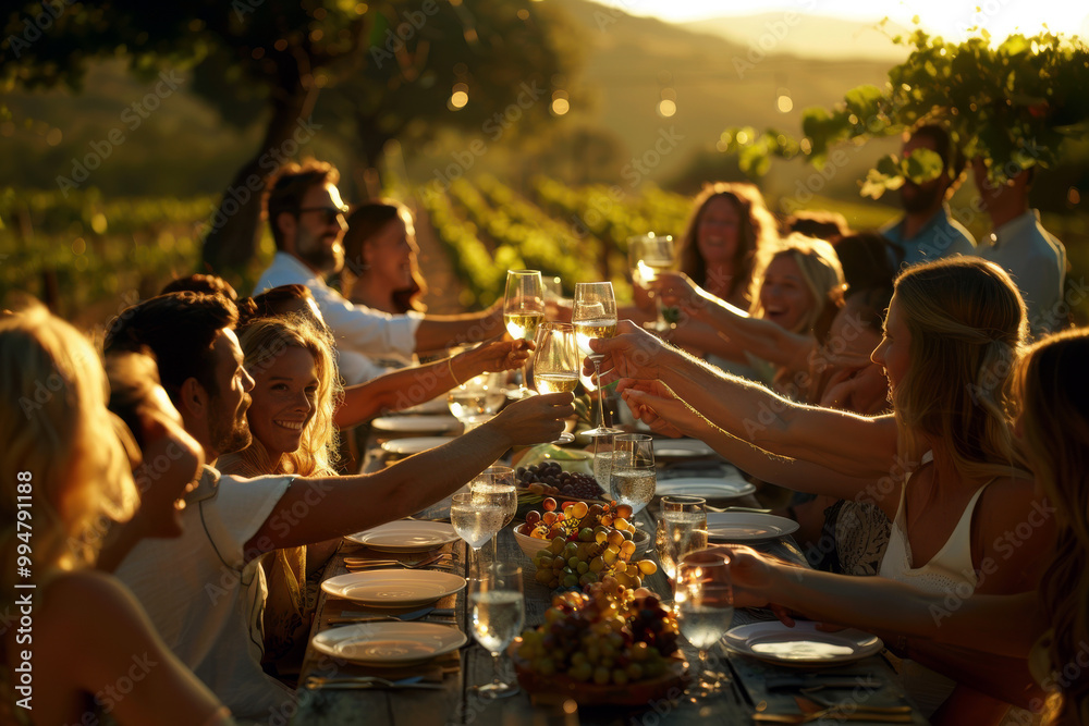 Naklejka premium A group of people are gathered around a long table, raising their glasses in a toast. Harvest