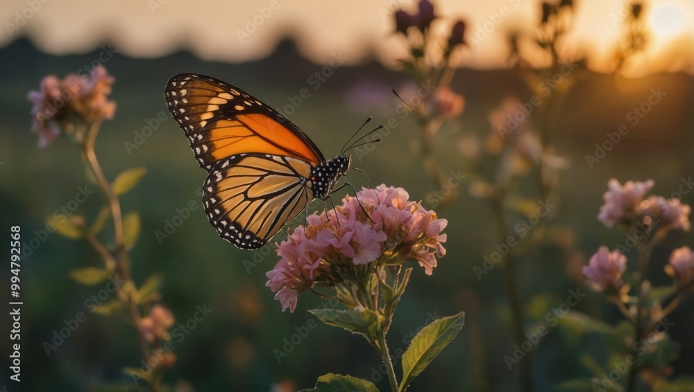 Monarch butterfly perched on pink wildflowers at sunset Monarch butterfly perched on pink wildflowers at sunset