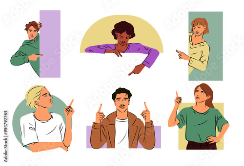Set of people pointing with fingers. Curious characters peeking out from behind wall or hole and indicating something. Advertising or Marketing. Hand drawn vector illustration isolated on background