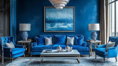 Elegant living room interior with blue velvet sofa and armchairs, a chandelier, and a painting on the wall. photo