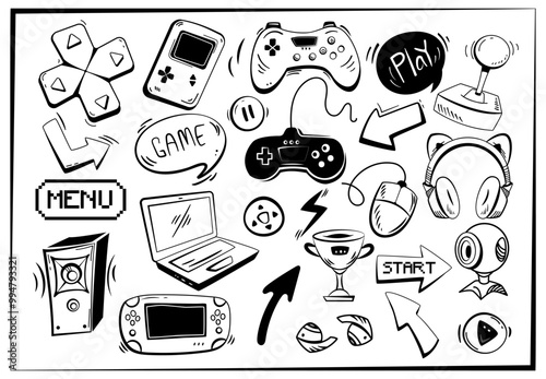 Set of video game doodle elements. Black and white icons with gamepad, laptop, joystick, retro arcade console, mouse and headphones for gamers. Hand drawn vector illustration isolated on background