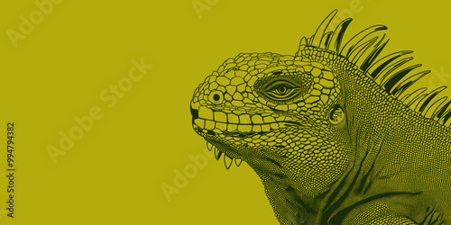 Detailed close-up illustration of a green iguana with a textured, lifelike appearance in a natural pose against a bright lime-colored background