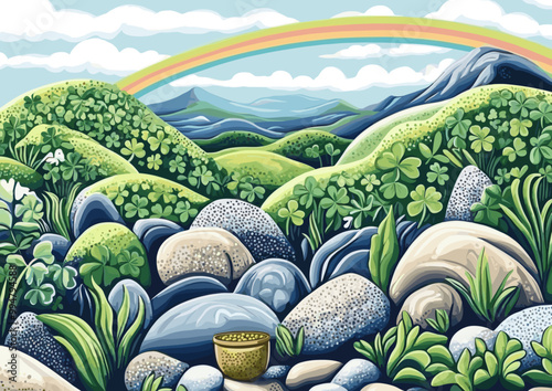 A beautiful illustration of a vibrant rainbow arcing over green rolling hills and rocky landscape, featuring a pot of gold nestled among the rocks