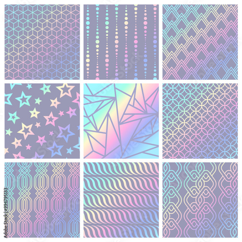 Holographic patterns set. Seamless repeating ornaments with rainbow holographic gradient of different geometric shapes. Iridescent paper. Abstract vector illustration isolated on white background