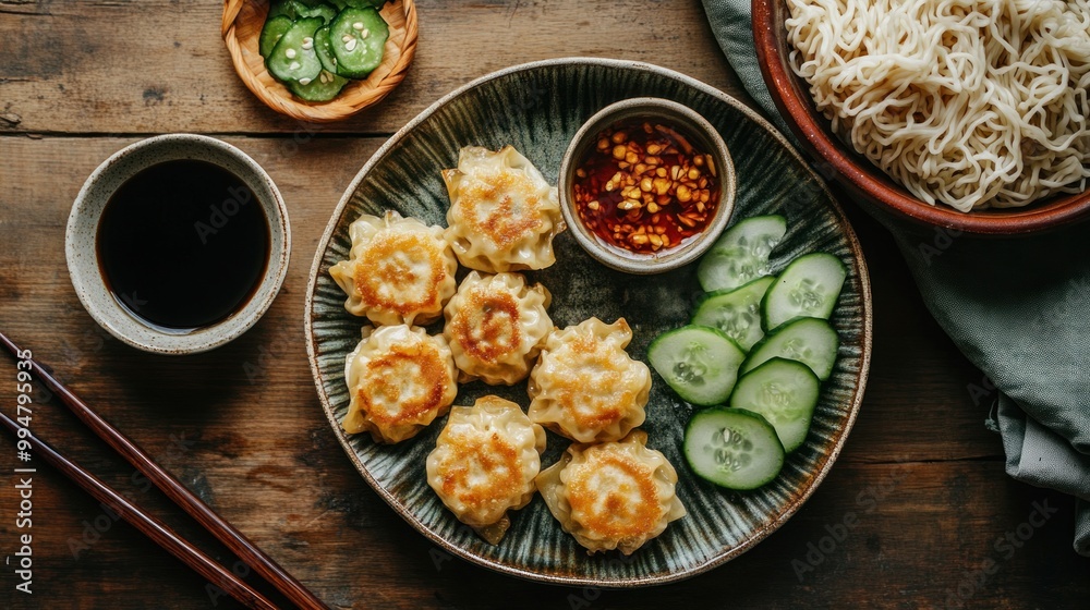 Homemade Dumplings with Cucumber and Dipping Sauce Homemade Dumplings with Cucumber and Dipping Sauce