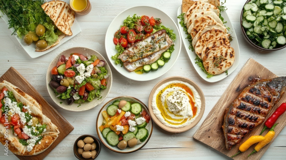Mediterranean Feast: Grilled Fish, Salad, and Flatbread Mediterranean Feast: Grilled Fish, Salad, and Flatbread
