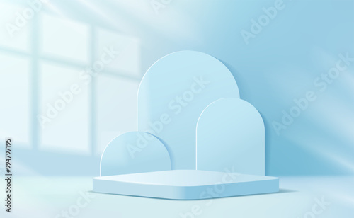 Blue podium mockup. Background with pedestal, stage or fashion showcase for advertising and product presentation. Studio showroom scene. Marketing design. Realistic 3D vector illustration